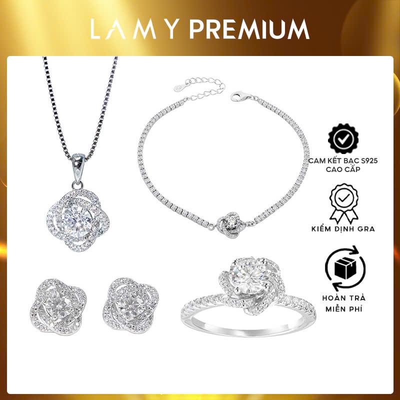 Bộ quà tặng trang sức CDE Dây chuyền, Vòng tay, Nhẫn và Khuyên tai bạc nữ đính đá M.o.i.s.s