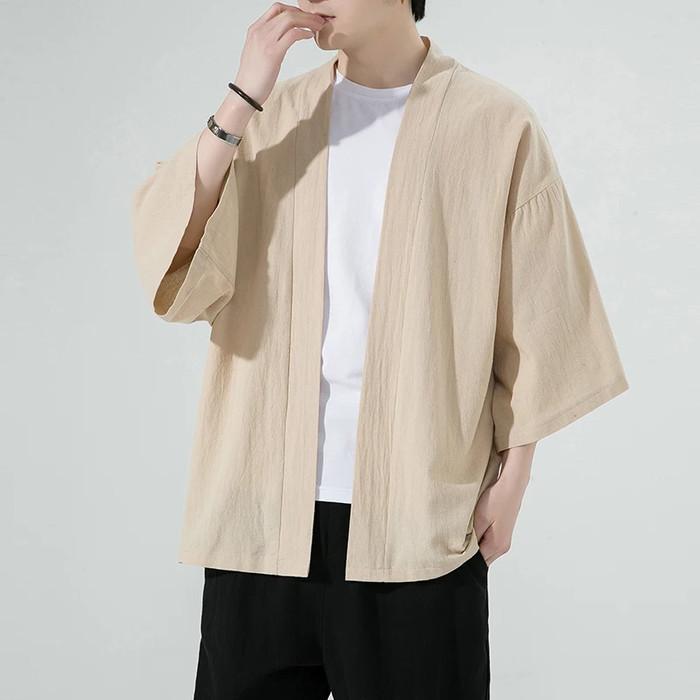 Kardigan Kimono Pria Bahan Linen Kimono Modern Kasual 3