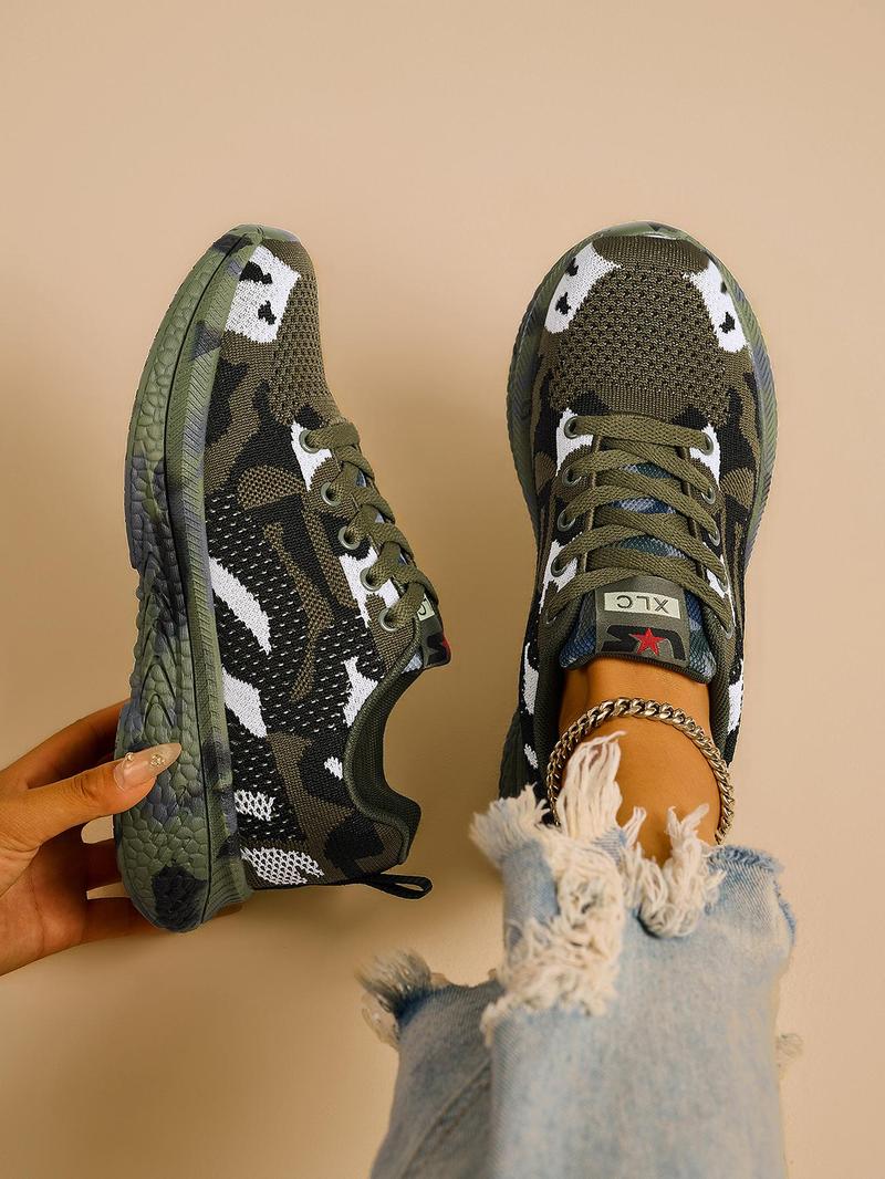 Product Introduction of Women's Fashionable Camo Print Lace up Low Top Sneakers, Casual Sporty Contrast Mesh Design Running Shoes, Trendy Breathable Comfortable Sports Shoes for Daily Wear 13