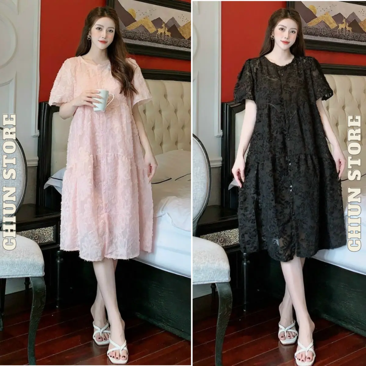 Đầm Bầu Tiệc , Váy Bầu Công Sở Mở Cúc Xinh Chất Liệu Tơ Đẹp Mềm Mát Mùa Hè Cộc Tay M575 Chiun Store Kem Nữ Đen Women Dress