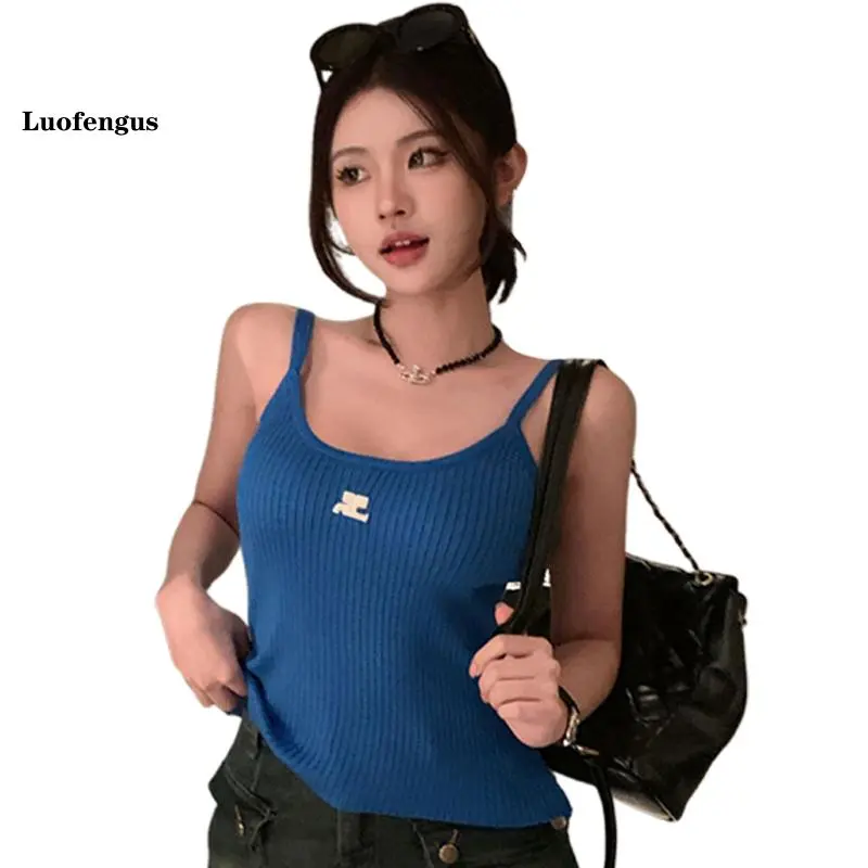 Womens Crop CamisoleEmbroidery Scoop Neck Showing Navel Spaghetti Strap Ribbed Knit Tops for Summer