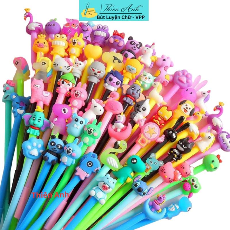 Túi zip 20 bút mực Tím/Xanh/Đen ngòi 0.5mm gắn charm hoạt hình mix nhiều mẫu dễ thương