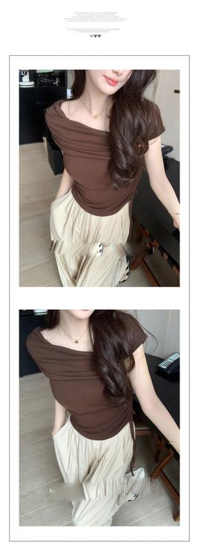 Product Introduction of เสื้อสตรี Niche ดีไซน์เก๋ไก๋ เสื้อยืดแขนสั้นทรงสลิมฟิต สีทึบ ทรงเปิดไหล่ เหมาะสำหรับฤดูร้อน มาใหม่ สไตล์อินเทรนด์ 2024 17