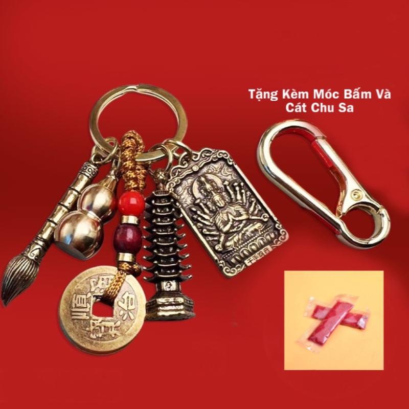 ( TẶNG KÈM MÓC BẤM, CÁT CHU SA ) Móc Khoá Đồng Thau 5 Món Kim Bài 2 Mặt Phật Bản Mệnh 12 Con Giáp, Dây 5 Đồng Xu, Hồ Lô Rỗng, Bút và Tháp Văn Xương. Móc Chìa Khoá, Móc Khóa Nam, Móc Khoá Nữ, Women