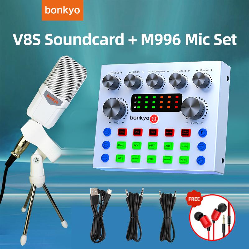 bonkyo V8s Soundcard & M996 Mic Âm thanh USB Bộ trộn ngoài Bluetooth Mic dành cho Điện thoại Máy tính Sound Card Live