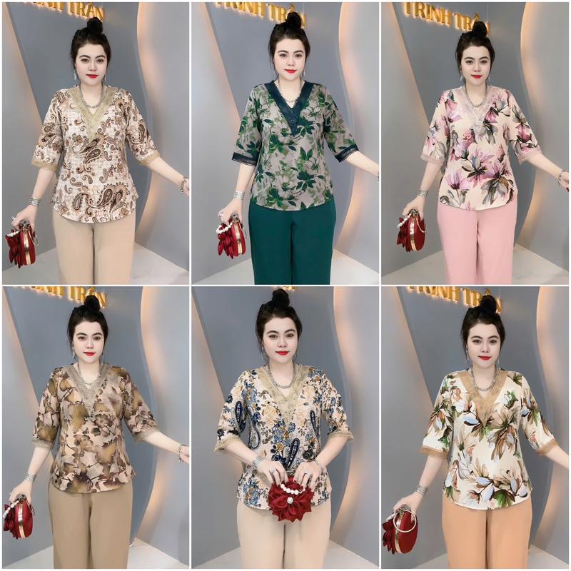 đồ bộ trung niên cho mẹ mẫu cổ tim REN BÔNG QUẦN MÀU tay lỡ quần dài bộ gồm áo và quần món quà cho nữ.