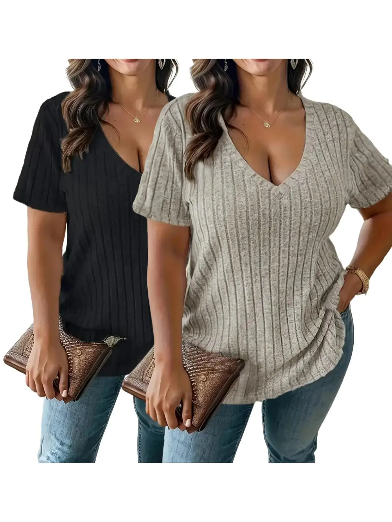 Plus Size Plain V Neck Tee, Casual Short Sleeve T-shirt for Summer, Women's Plus Clothing for Daily Wear