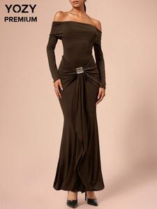 YOZY Women's Off The Shoulder Ruched Mermaid Dress, Elegant Long Sleeve Evening Party Gown, Ladies Fall & Winter Clothes, Fall & Winter Clothes