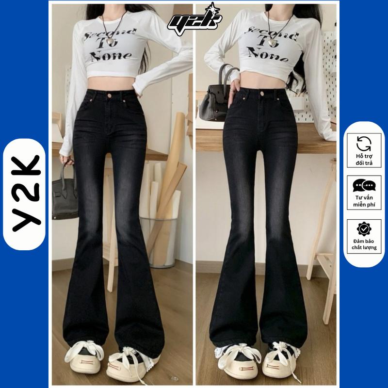 (LOE NẤM LÙN) Quần Ống Loe Nấm Lùn Jean Cho Nữ Màu Đen Xám Khói 9 Tấc 90cm Lưng Cao Bò 1m40 1m45 1m48 1m50 Y2K Women Pants size xs jeans