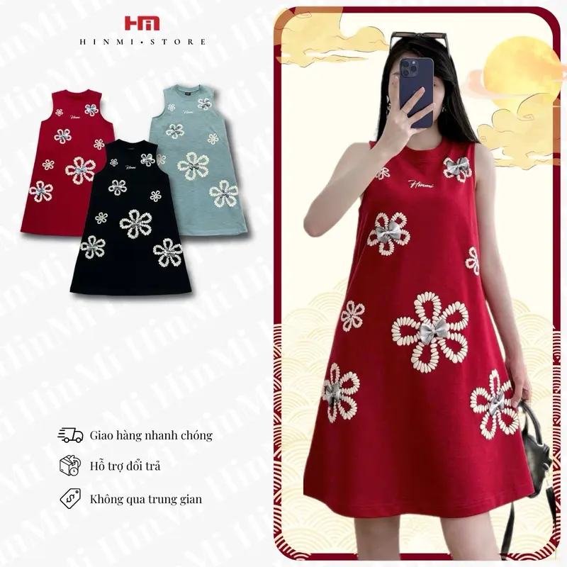 Váy Ba Lỗ_Cổ Tròn_In Nổi Hoạ Tiết Bông_Đính Kèm Nơ_Chất Conton Co Giãn_Dày Mềm Mịn Nữ Đen Women 0