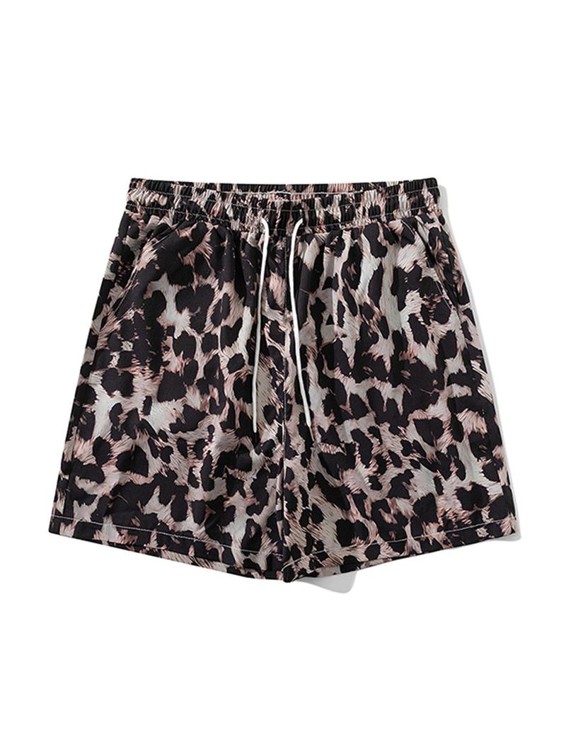 Product Introduction of Men's Leopard Print Drawstring Waist Beach Shorts, Regular Fit Casual Comfy Swim Shorts for Summer, Men's Shorts for Beach Vacation 5