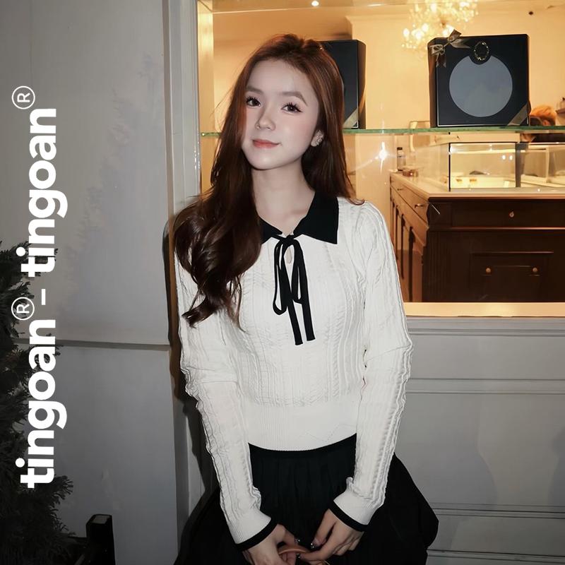 TINGOAN - Áo len xù trắng dáng lửng phối cổ bẻ dây nơ đen HELEN TOP/WH