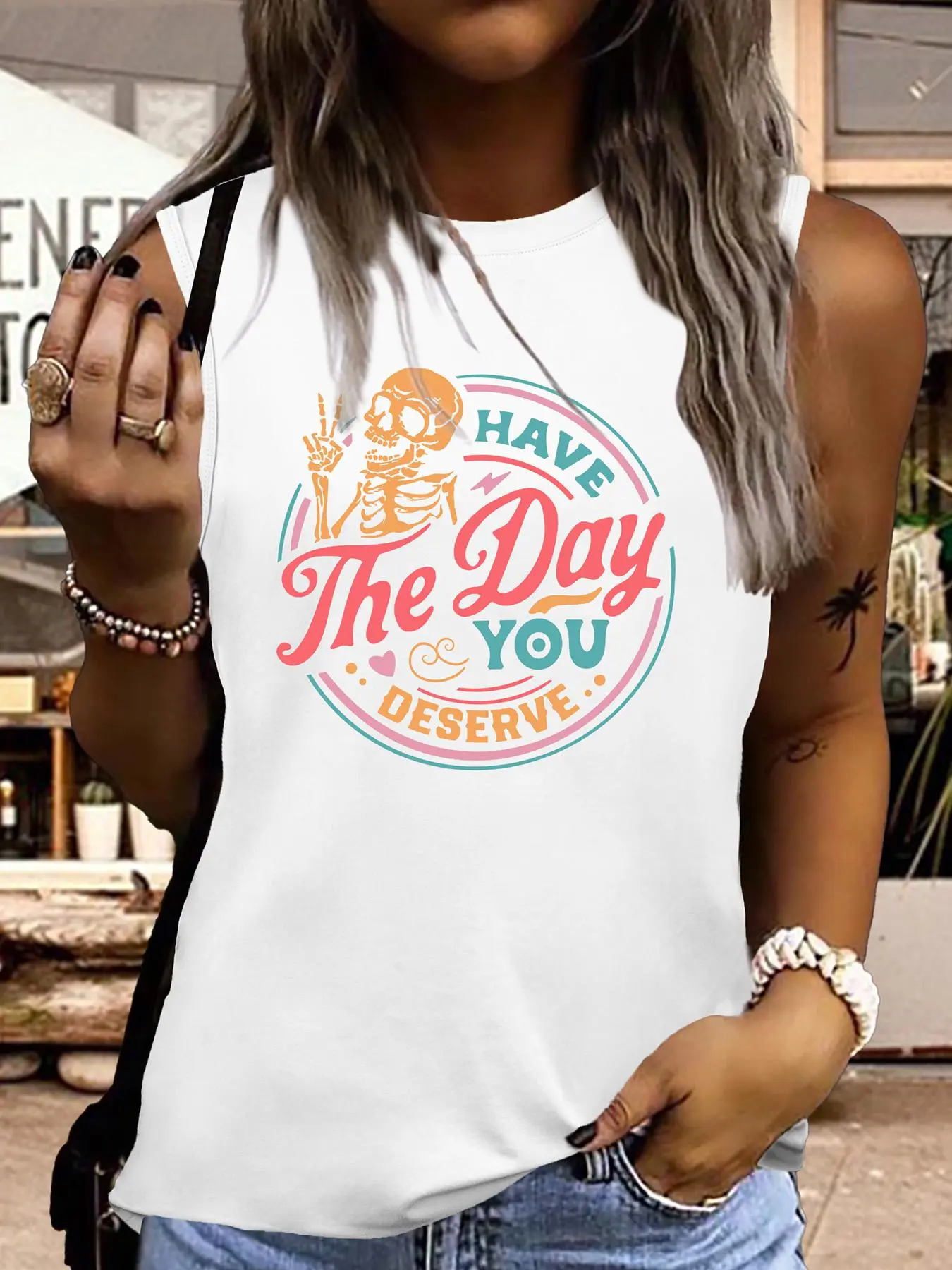Women's Skeleton & Letter Print Round Neck Graphic Tee, Vintage Trendy Casual Sleeveless Tank Top for Daily Wear, Ladies All Seasons  Clothing