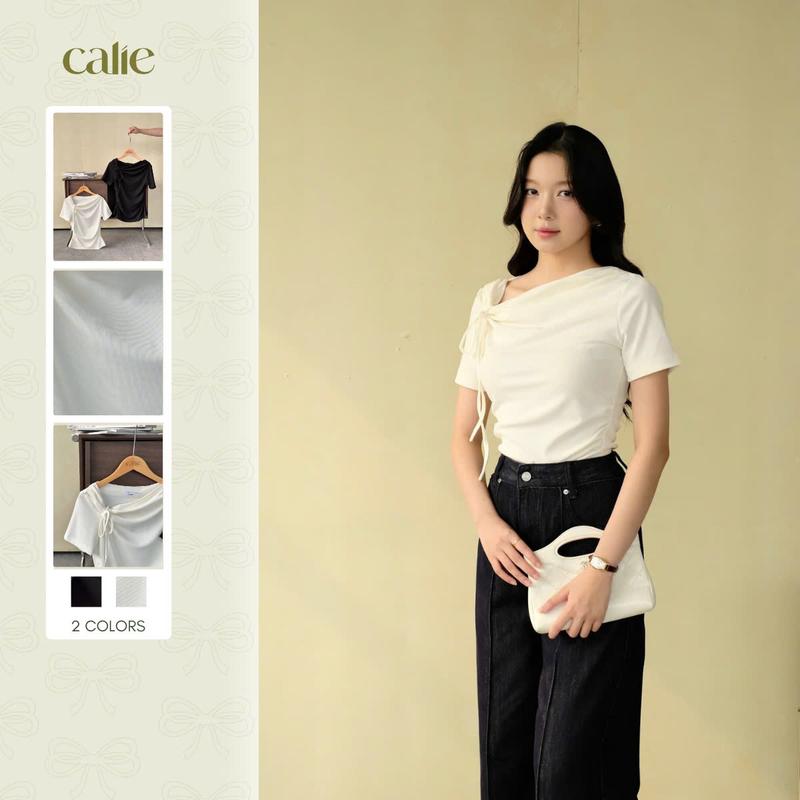  Áo dệt kim cổ lệch thắt nơ xinh xắn form basic nhẹ nhàng mặc đi làm đi chơi thời trang nữ Calie AF160 