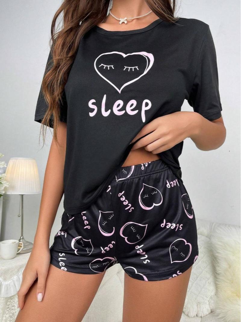 Product Introduction of Women's All Over Print Tee & Shorts Pyjama Two-piece Set, Casual Comfy Round Neck Short Sleeve T-shirt & Shorts PJ Set, Ladies Sleepwear for All Seasons 4