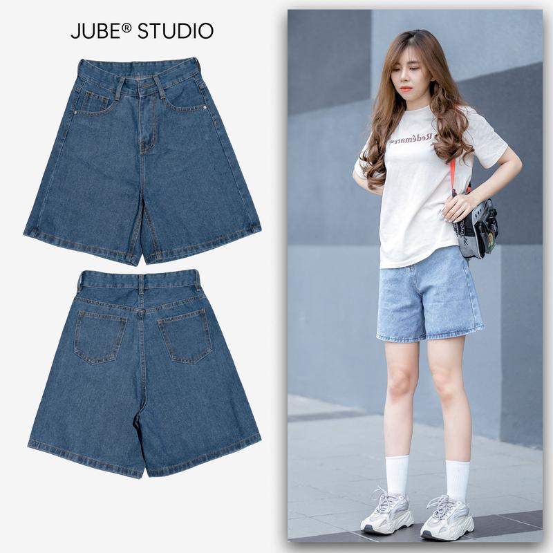 EO NHỎ Quần Ngố Jean Nữ Lưng Cao Ống Rộng JUBE Vol.60 Quần Lửng Nữ Trơn Lai Cuốn Vải Jean Không Co Giãn