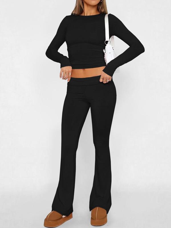 Two-piece Set Women's Solid Long Sleeve Crop Top & Flare Leg Pants, Casual Fashion Cozy Round Neck Top & Bell Bottom Trousers for Daily Outdoor Wear, Women's Lounge Clothing for Summer, Two Piece Set Women 1