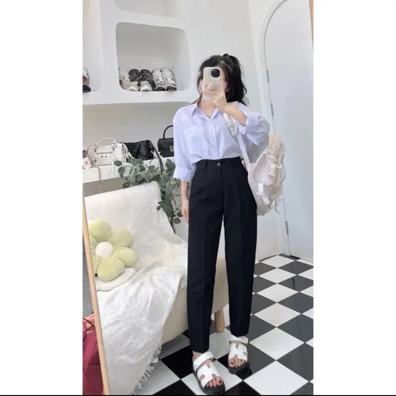 [ 1Khuy ] Quần Tây Nữ Lưng Cao 1 Cúc Có Đỉa Sơ Vin Cạp Cao Màu Đen 6