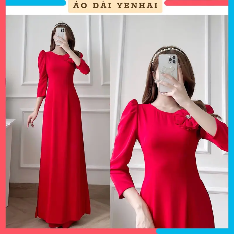A2 - Áo dài tay bồng có gắn hoa thiết kế thủ công chất lụa thái tuấn màu đỏ mềm mịn co giãn 0
