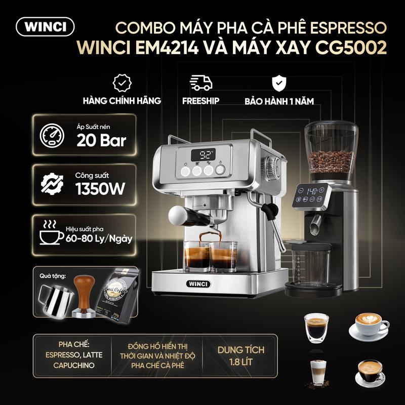 COMBO Máy Pha Cà Phê Espresso Winci EM4214 + Máy xay cà phê CG5002, Pha Cafe Tự Động, Công Suất 1350w, Áp Suất 20Bar, tặng 1 gói cafe , 1 ca inox Máy Xay Cà Phê Xay Cà Phê