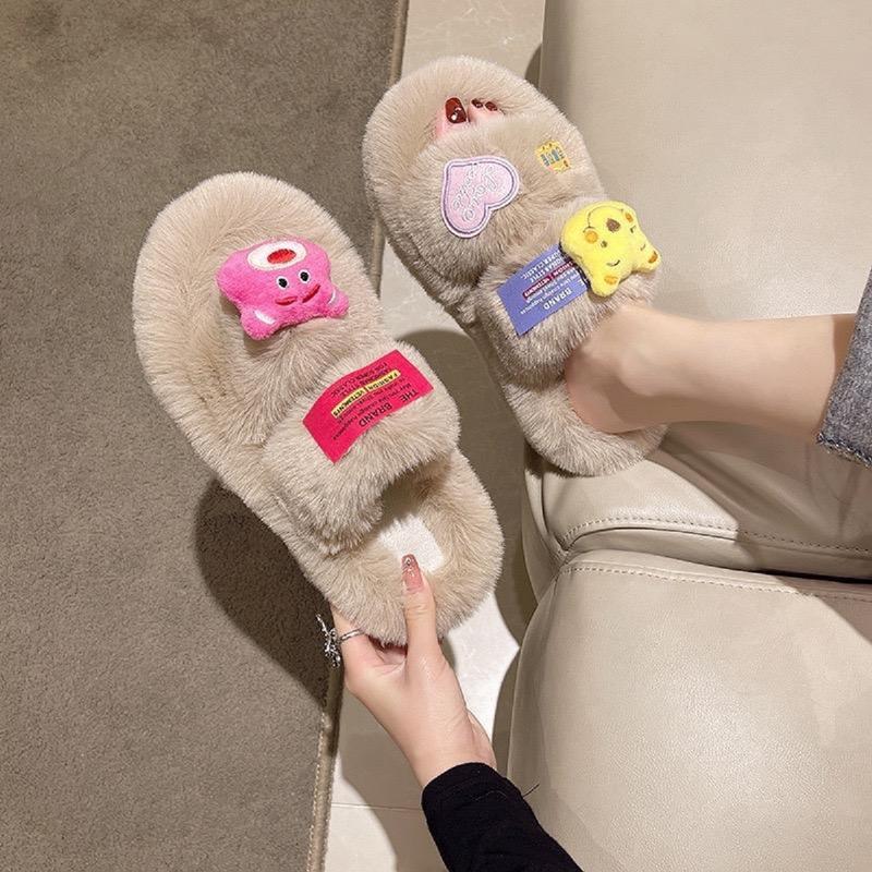  DÉP LÔNG DÉP BÔNG BẢN 2 QUAI GẮN GẤU CUTE đi được Ngoài trời và Trong nhà  chuẩn đế 5cm  DéP Nữ Quai Ngang Slipper Women Có Quai 