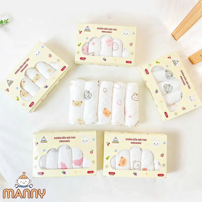 Set 5 Khăn Sữa Sợi Tre Manny Cao Cấp Chính Hãng (2-4 Lớp) Mềm Mịn, Thấm Hút, Kháng Khuẩn Cho Bé 3