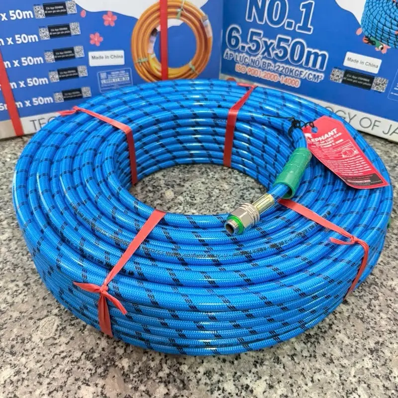 Dây xịt áp lực ELEPHANT 6.5/8.5mmX 50m áp lực nổ 230kgf/m2 màu xanh sọc đen sử dụng xịt  thuốc, rửa xe... 0
