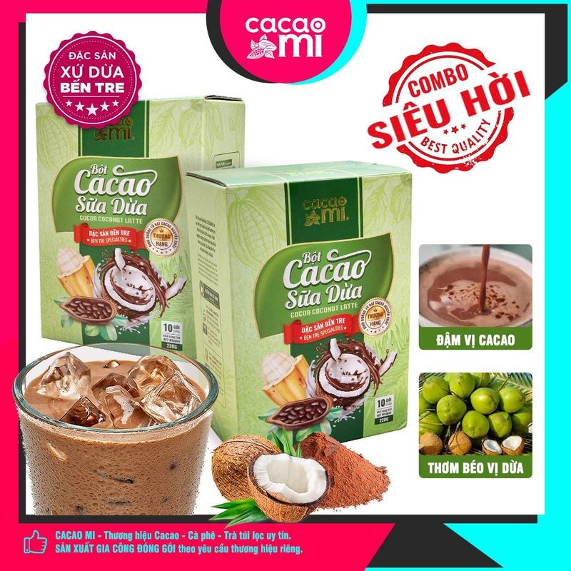 COMBO SIÊU TIẾT KIỆM Bột cacao sữa dừa CacaoMi - Chuyên pha chế trà sữa, Cà Phê, thức uống socola đậm đà ca cao thơm ngon Sô Cô La vị dừa Bến Tre, phù hợp quán Cafe gói tiện lợi 2 hộp 220g
