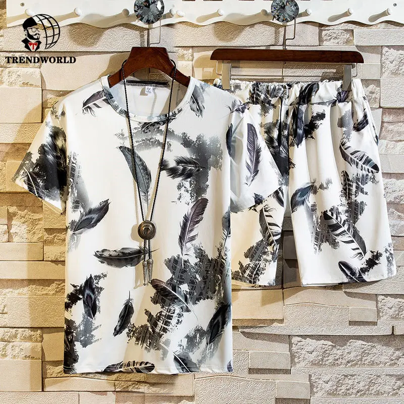 Summer men s short sleeved shorts suit youth leisure sports trend ice silk suit men's one-piece suit
