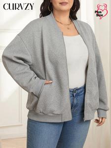 CURVZY Plus Size Solid Textured Drop Shoulder Zip Up Coat, Casual Long Sleeve Pocket Baseball Collar Outerwear for Spring & Fall, Women's Clothes for Daily Wear