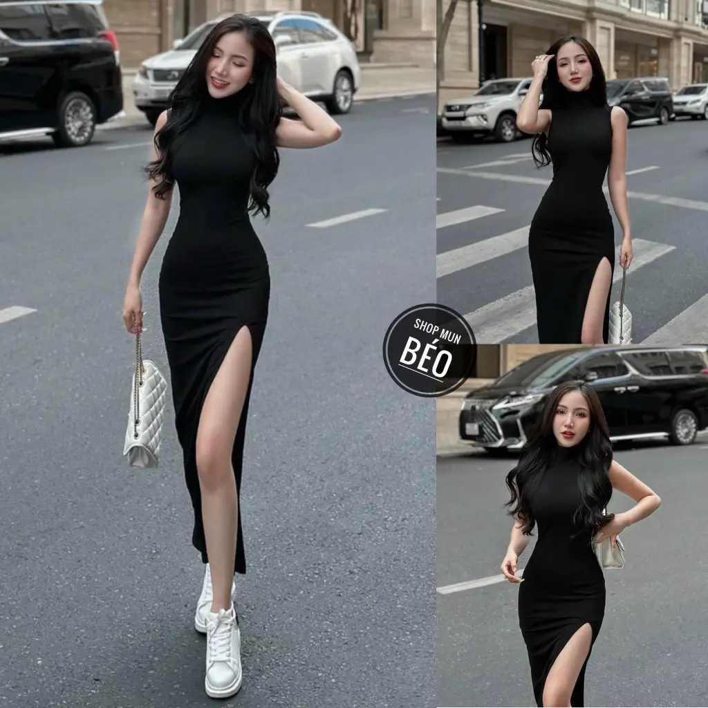 Đầm body cổ lọ sát nách xẻ đùi phom dài chất thun borip thích hợp mặc đi làm đi chơi phù hợp với mọi phong cách