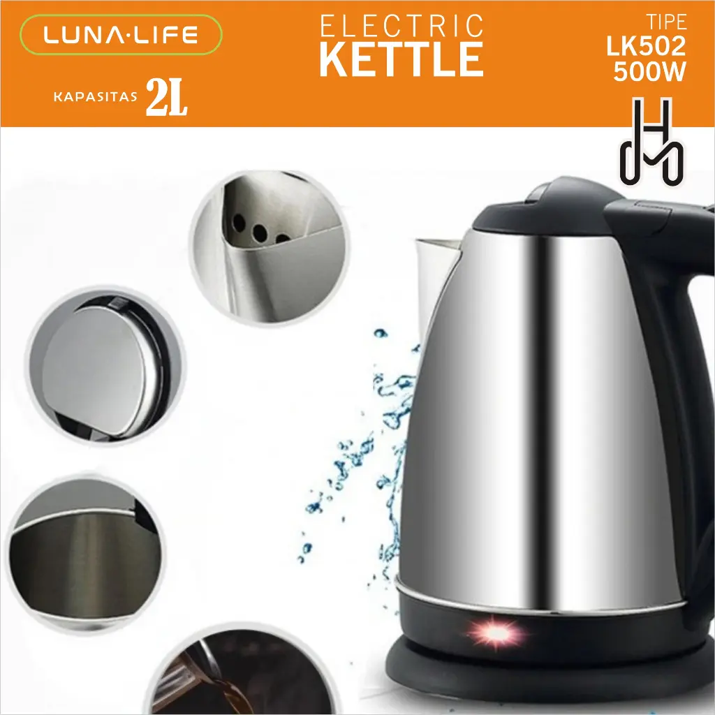 Teko Listrik 2 Liter Luna Life LK502 - GARANSI RESMI TEKO ELEKTRIK KETTLE Air Stainless