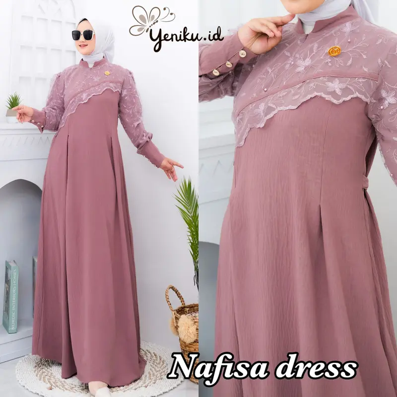 Nafisa Dress Gamis Terbaru 2023 Viral Gamis Brokat Kondangan All Size Muslim Wanita Lebaran Pesta Syari Dewasa Remaja Crinkle 3