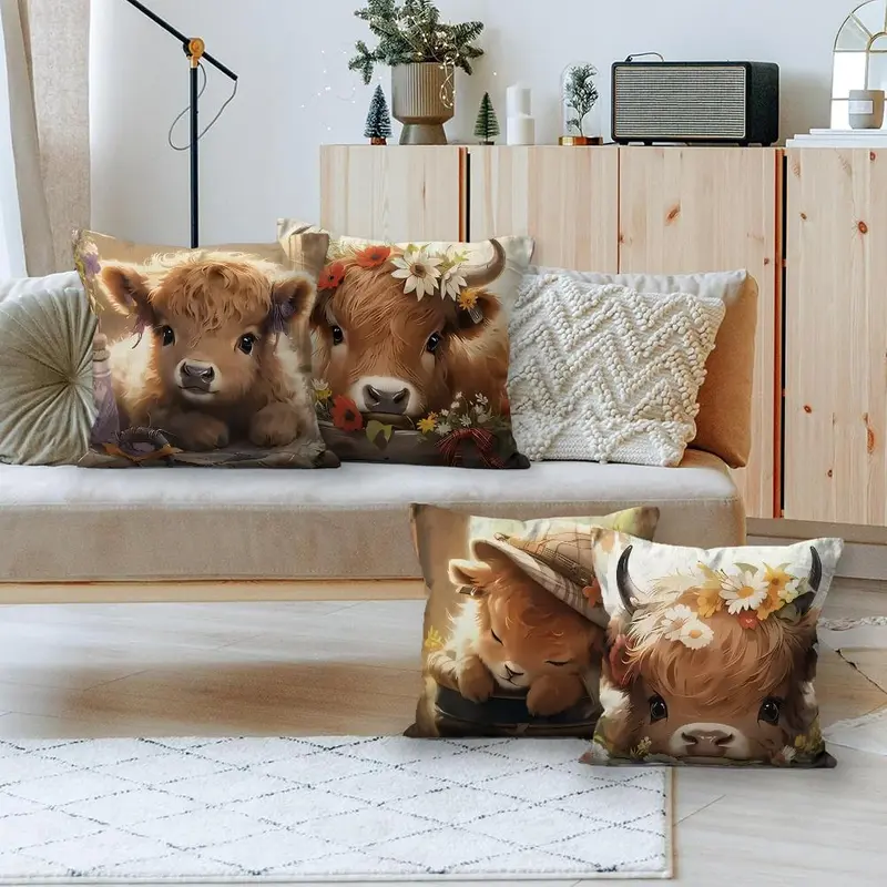 Highland Cow Pattern Cushion Cover, 4 Counts/set Square Throw Pillow Cover, Household Decoration Supplies for Home Living Room Bedroom 4