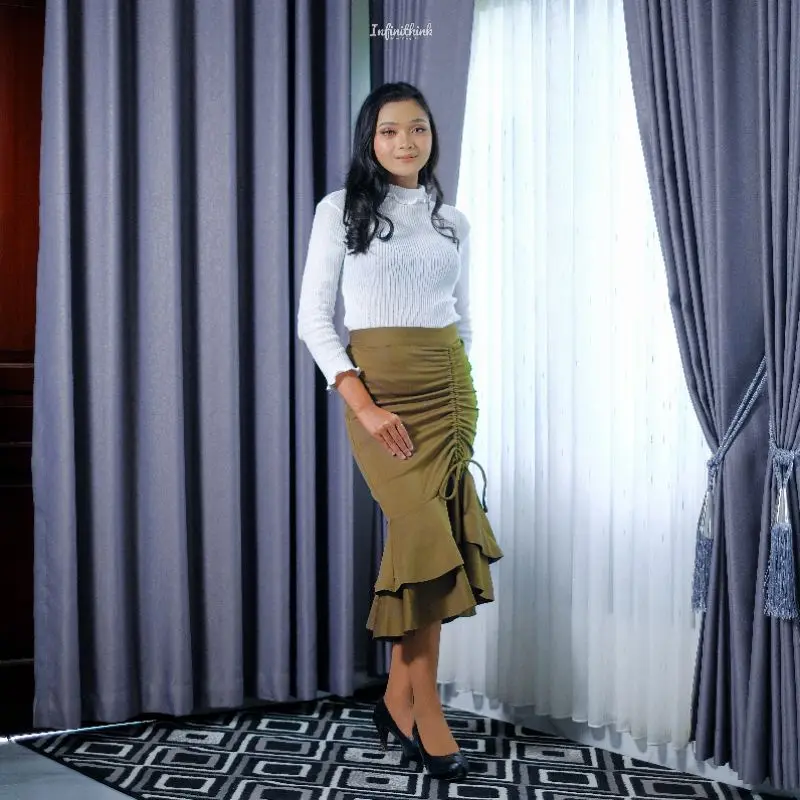 Midi Skirt mermaid tali serut double layers Scuba Wanita 1