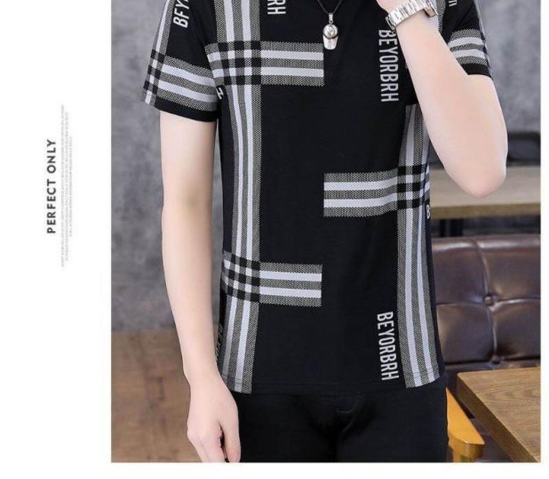 Product Introduction of High-End Ice Silk Short Sleeve T-Shirt Men's Slim Fit round Neck Youthful Summer Casual Shirt Thin Fabric Collision Color 10