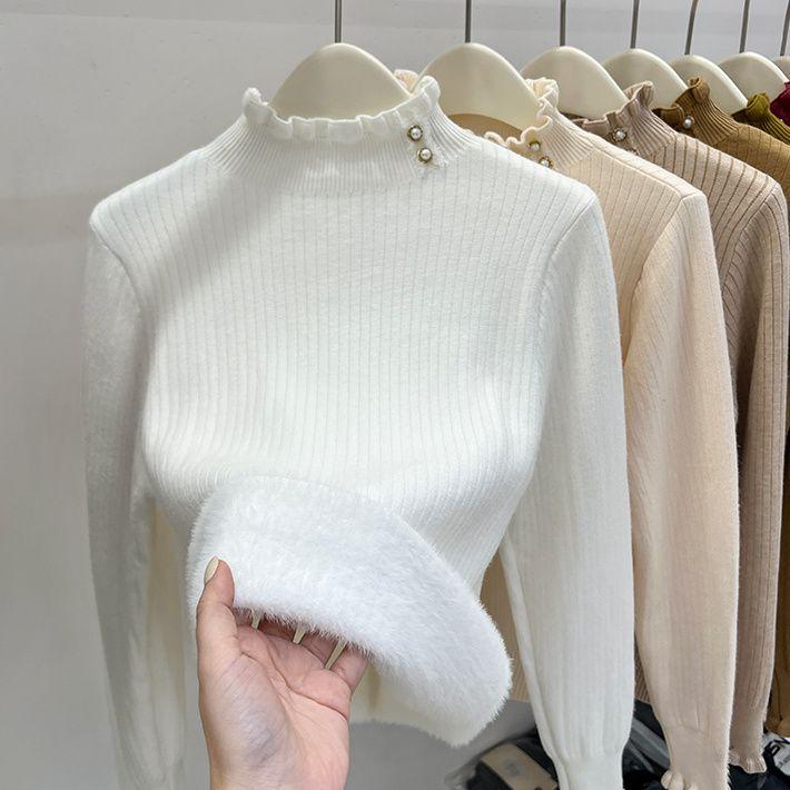 Quần Áo Giữ Nhiệt, Một Mảnh, Áo Len Nữ, Hàng Mới Về Cho Mùa Thu Và Mùa Đông, Cổ Lọ, Lót Lông Cừu, Thời Trang, Dệt Kim Dày Dặn, Mặc Trong, Áo Bó Sát