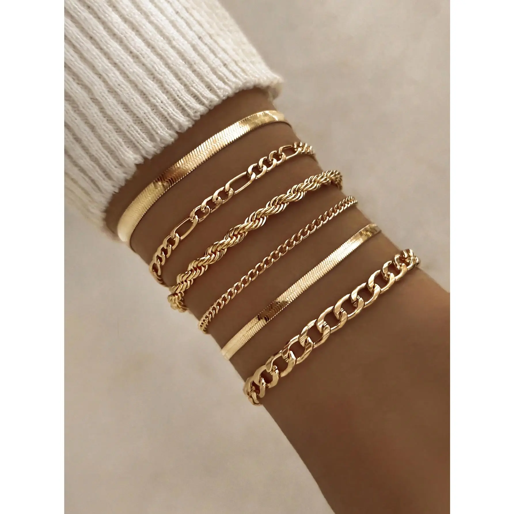 6pcs Punk Style Simple Cold Tone Chain Fashion Bracelet Set Suitable For Women's Daily Wear