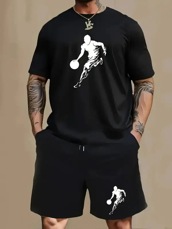 【Plus Size】 Men's Basketball Print Short Sleeve Graphic Tee & Shorts Two-piece Set, Regular Fit Casual Round Neck T-shirt & Track Shorts, Men's Summer Clothes 0