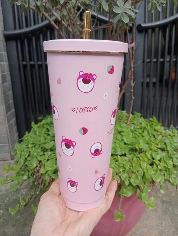 Cốc giữ nhiệt gấu dâu 750ml tặng kèm ống hút 2