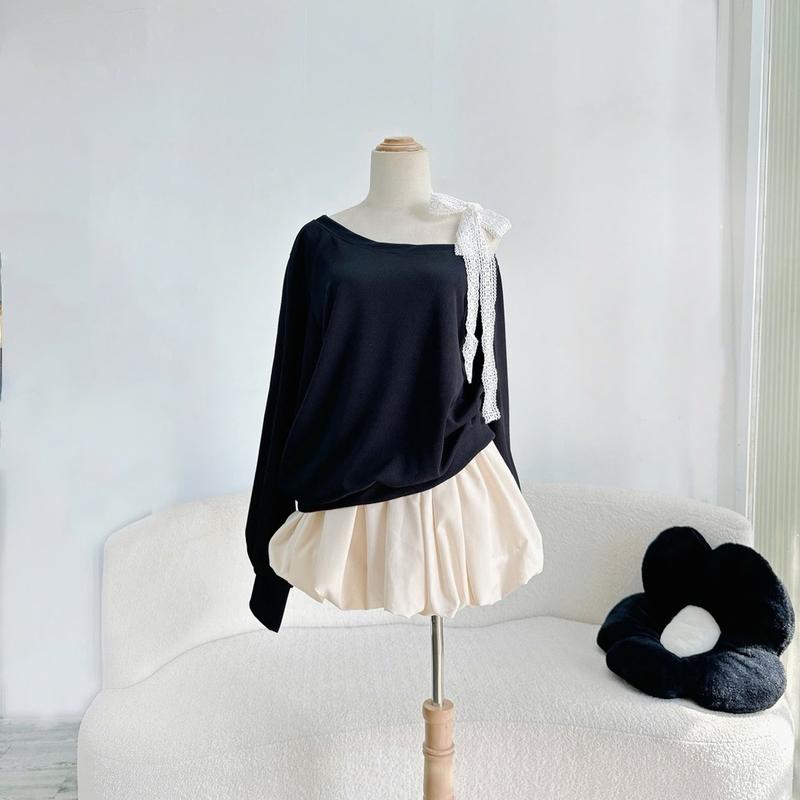 Set Bigsize CÓ LẺ ÁO (Áo + Váy) Áo Sweater Lệch Vai Dây Ren Vai Thun Nỉ Tăm Cao Cấp Phối Chân Váy Bí Ngô Dễ Thương Cho Nữ Chuppy (50-95Kg)-  Top Women