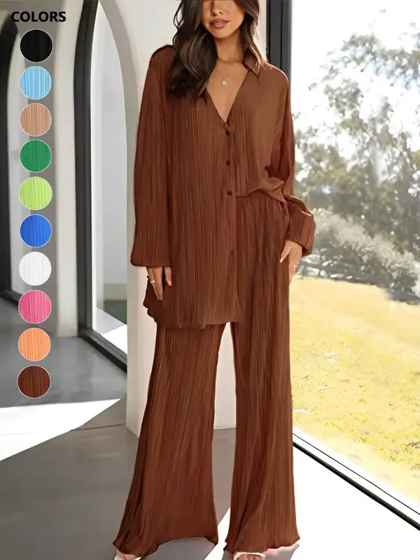 Women's Solid Textured Button Front Top & Flare Leg Pants Set, Casual Long Sleeve Top & High Waist Trousers, Women's Spring & Fall Clothes, Womenswear 1