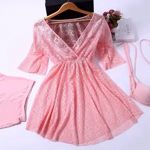 Swimsuit  Set Baju Renang dengan model three-piece dengan gaun renda yang indah 8039