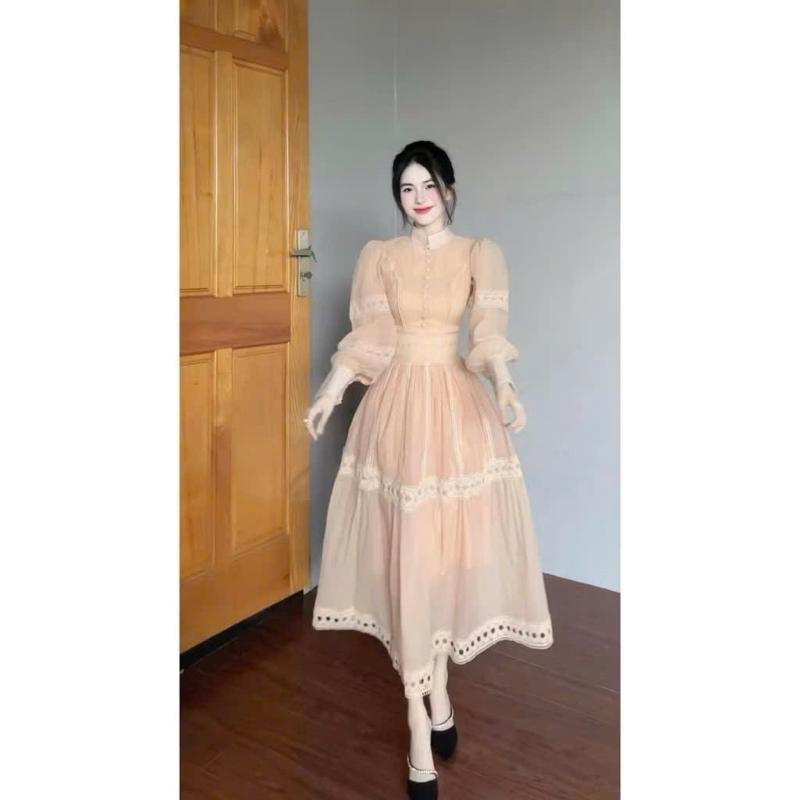 Mèo Mỡ Bigsize — Đầm midi dáng dài tay phồng voan ren chiếc eo thanh lịch bigsize 60-95kg 2 màu 2