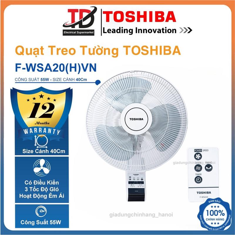 Quạt Treo Tường Toshiba F-WSA20 H VN - Có Điều Khiển - Động Cơ bạċ Thau Êm ÁI Hàng chính hãnġ