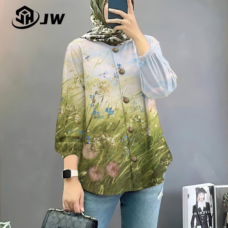 Product Introduction of Women's Muslim shirt elegant and colorful flower oversized loose long sleeved top, beautiful button style affordable and comfortable long sleeved shirt 30