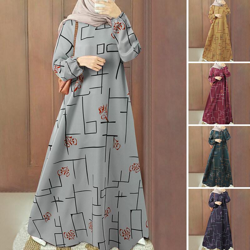 ZANZEA Women's Muslim Long Skirt, Muslim Long Sleeve, Elastic Cuffs, Round Neck, Printed, Loose, Promotional Price 4