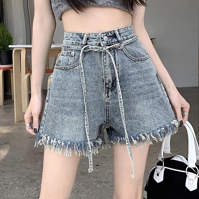 Quần sọt nữ lưng siêu cao tua lai Phom xòe rộng dành cho BigSize 55-90kg có kèm dây siêu đẹp 4531 shop MoLi Jean Denim Pants Women Kem Tua Rua Women Kem