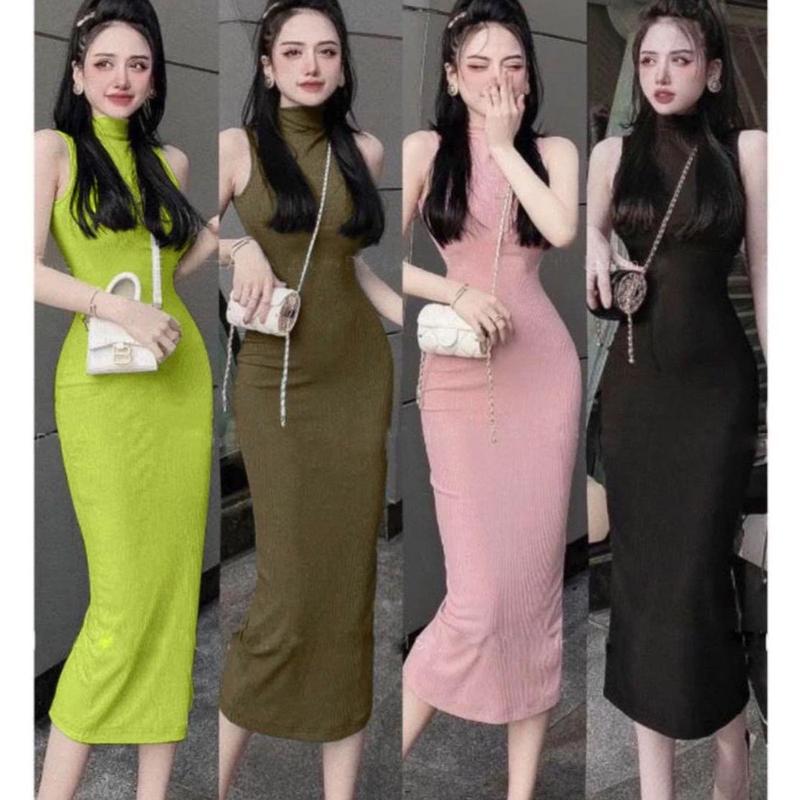 Đầm váy nữ cổ cao 3 lỗ sát nách chất tăm lụa quảng châu dáng dài maxi  Nữ Dress mã d87