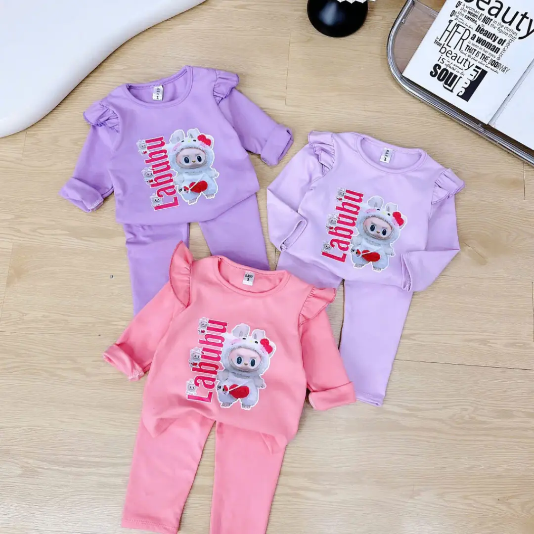 (10-18 kg) Bộ Quần Áo Dài Tay Cánh Tiên Thu Đông BÉ Gái Chất Liệu Zip Lông Đẹp In Labubu Đáng Yêu Cho Trẻ Em